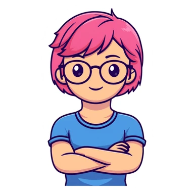 Pink-haired girl with glasses crossing her arms with a slight smirk sticker