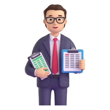 male accountant with spreadsheet, calculator and ledger sticker