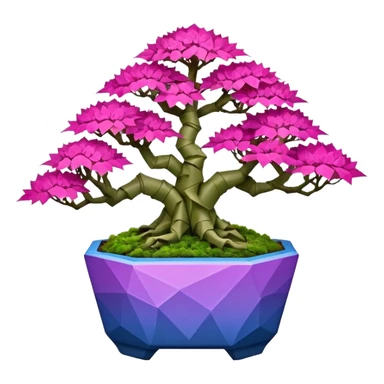 Futuristic wild et alien moss maples Bonsai hair-fine-leaf group crimson crystal azalea purple and cream pink blue forest planting in shallow slab origami style pot  sticker