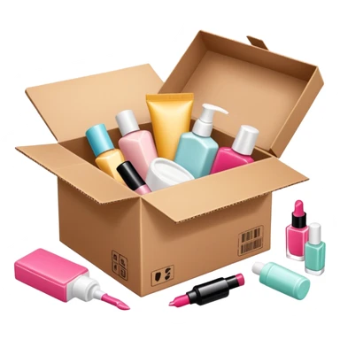 a cardboard box with assorted beauty products like compact, lotion, and nail polish spilling out sticker