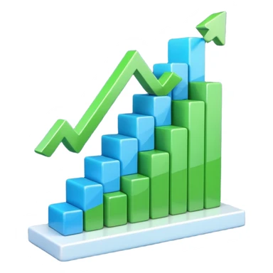 3D bar chart with upward trend, pie chart, colorful graphs, 
data visualization, blue and green colors, transparent background, 
emoji style, realistic, modern business analytics sticker