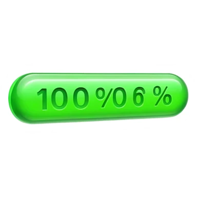 A 3D emoji of a horizontal progress bar filled 100% with bright green color, "100%" text floating above, sleek glass morphism style, professional UI design, white background. sticker