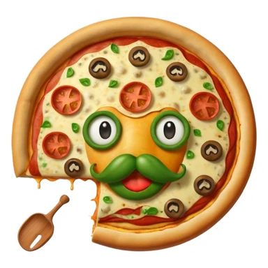 a  whole pizza with pepperonis from eyes and mushroom from the nose and green bell pepper from the mouth and mustache sticker