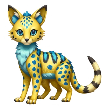 Colorful Golden Gold Shiny Lombax-Sergal-Vernid-Trico-Serval-Civet-Genet-Pokémon-Digimon-Fakémon-fusion-hybrid-creature with Cyan stripes and blue leopard-spot-markings  sticker