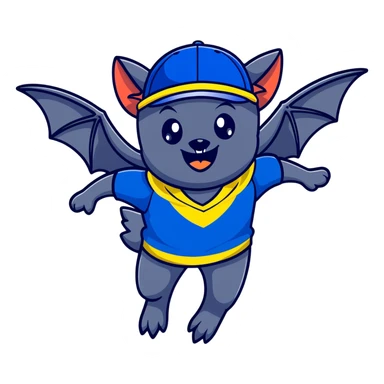 Flying fox bat mascot "Nahalenok" for FC Rostov, cheerful expression, large wings spread wide in flight, big expressive eyes with playful glint, smiling mouth showing small fangs, wearing yellow (#FFCD00) and blue (#0057B8) scarf around neck, blue baseball cap with FC Rostov logo tilted to side, dark grey body sticker
