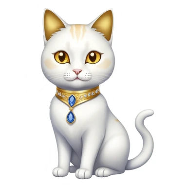 Fancy white sophisticated elegant sitting pet cat with a gold-sapphire collar (full body)  sticker