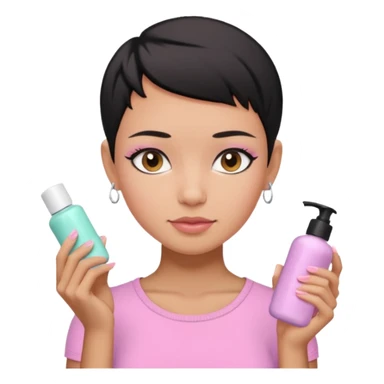 tan girl with no makeup pink shirt with black hair & a pixie, cut no earrings, doing pastel colors skin care sticker