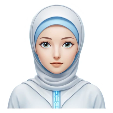 woman with white hijab wearing blue outfit, looking straight ahead, surrounded by futuristic screens showing advanced holographic interfaces, AI visualizations, quantum data patterns, circuit networks, high-tech metaverse elements sticker