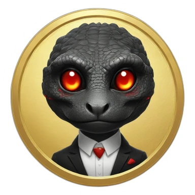 Reptilian with red laser eyes in black suite on the golden coin sticker
