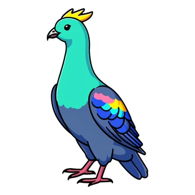 Nicobar pigeon with colorful iridescent feathers, long neck and distinctive white tail sticker