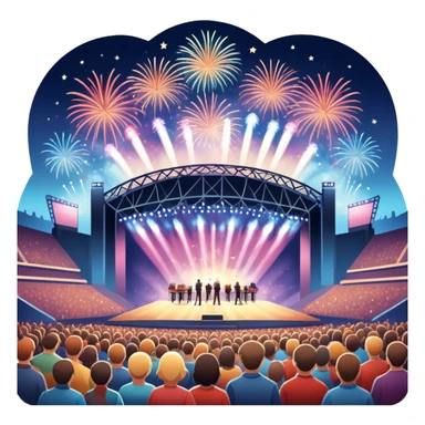 An icon showing a stadium stage with a concert in full swing, bright stage lights illuminating the performers, and fireworks bursting in the sky. The excitement of the crowd is palpable, symbolizing a love for live music and unforgettable shows. transparent background. sticker