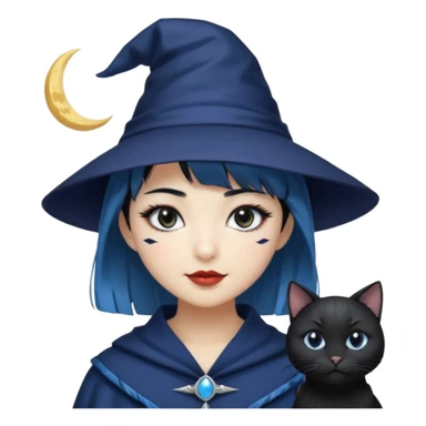 an asian short haired girl with light blue highlighted short raven hair with bangs, with her silver left eye and dark brown right eye, with black cat eyed style eyeliner, and smirk of natural toned lipstick, with dark navy wizard hat with moon emblem on his hat. sticker