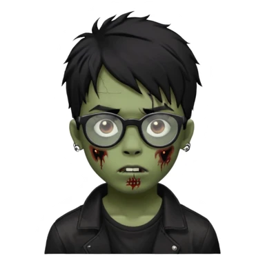 Boy, zombie, black hair, medium long, emo, shaggy, dark, spooky, creepy expression emoji, add dolce gabanna glasses, a risk on the eyebrow, some tattos  sticker