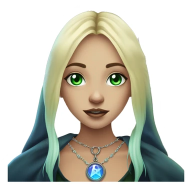 blonde witch girl with green eyes and straight hair with a birthmark above her upper lip wearing a necklace in a form of pentacle with a small blue stone inside doing tarot spread  sticker