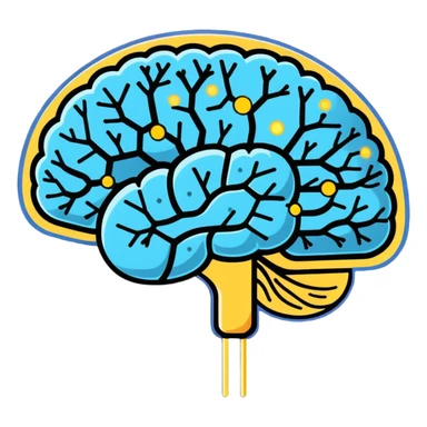 Cute sticker of a pearly blue capsule floating before a stylized brain with golden sparks forming a neural network pattern. A small liver icon glows nearby, all within a gentle swirling aura representing mental clarity and body connection sticker