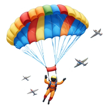 Colorful emoji. A skydiver free-falling through the sky, with a brightly colored parachute open above them. The background features a vast blue sky dotted with fluffy clouds, birds soaring nearby, and a plane flying off in the distance, emphasizing the thrill and freedom of the sport. sticker