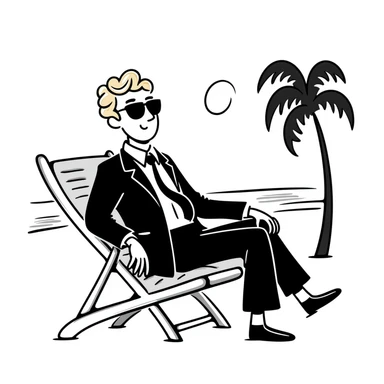 blonde businessman in formal suit sitting in a beach chair on a tropical vacation, relaxing sticker