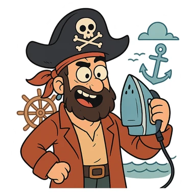 A pirate holding an iron, cartoon style, vibrant colors, playful expression, nautical elements in the background. sticker