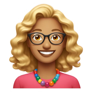The moon  cheerful woman with wavy blonde hair and glasses, wearing a pink shirt and colorful beaded necklace, smiling brightly against a vibrant red background." sticker