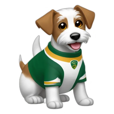 happy scruffy jack russel maltese dog with brown ears white face wearing springboks rugby shirt sticker