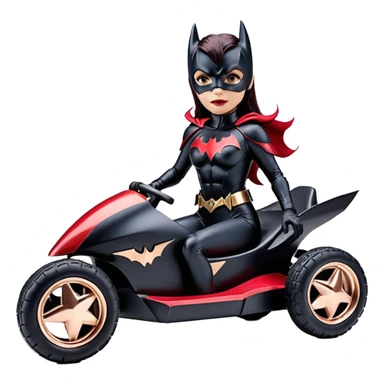 Hot full size real size-appearance electric racing action sexy BatWoman’s feminine midnight-colored tight outfit sixty’s tv show 1992 dark stealthy sporty safe plush petite off-road pursuit cruiser car rose gold accents (black hair,reclined and relaxed torso and shoulders seating position) go kart  sticker