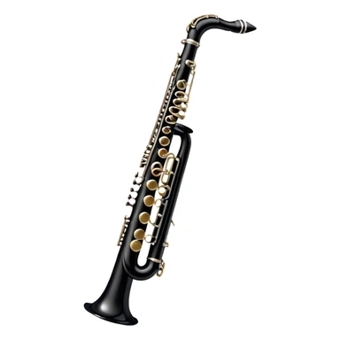 Create a sleek and professional emoji representing a black standard clarinet. The design should feature a smooth, glossy black body of the clarinet with shiny, silver keys clearly visible. Highlight the intricate details of the mouthpiece and reed at the top, while the body of the instrument should remain simple and elegant. Add subtle musical notes or soundwaves floating around the instrument to symbolize its clear, melodic sound. Use black for the body, silver for the keys, and soft lighting effects to give the instrument a polished, sophisticated look. The background should be transparent. sticker