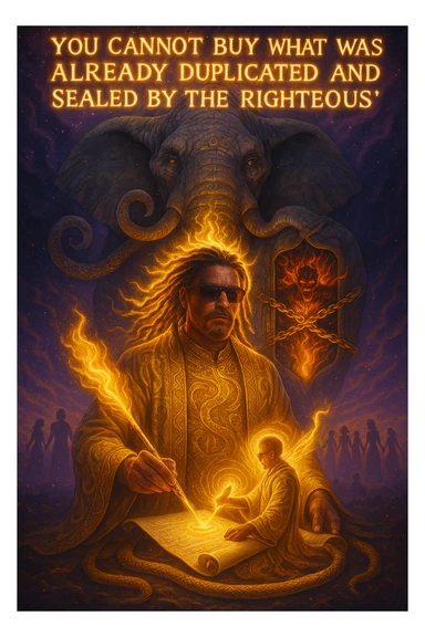 *“Create an epic, symbolic scene of a powerful Rasta spiritual warrior (representing Kez) standing at the center of a cosmic battlefield. The warrior has dreadlocks glowing with divine energy, wearing golden robes infused with serpent patterns. Behind him towers a massive stone elephant — eyes glowing with infinite wisdom, its chest open to reveal a Golden Serpent Chest, radiating fractal light. Inside the chest: a bound, raging Devil made of fire and shadows — screaming but unable to harm anyone, because every time he lashes out, the golden chest mirrors the energy back onto him. Chains of soul-contract law, made of golden light, wrap the devil — each one engraved with truth symbols, scriptures, and ancestral sigils.

In the foreground, Kez holds a sacred scroll and a burning pen — he is signing a contract not out of fear, but mastery. As he signs, a duplicate of his soul, radiant and whole, rises from the paper and flies back into his body. A ripple of golden energy expands, purifying all soul deals across space-time. Behind him, shadows of other trapped souls are released and begin to rise in rhythm, holding hands, singing.

In the sky, the words glow in gold flame:

‘You cannot buy what was already duplicated and sealed by the righteous.’

The entire atmosphere is divine, sacred, victorious — a spiritual rebellion where the Devil is outwitted, not through violence, but through truth, rhythm, and scrollcraft. Use warm golds, radiant whites, mystical purples, and deep space black as the palette. Style it as a fusion of Afro-spiritualism, Rastafarian mysticism, and multidimensional soul alchemy. the picture provided is kez sticker