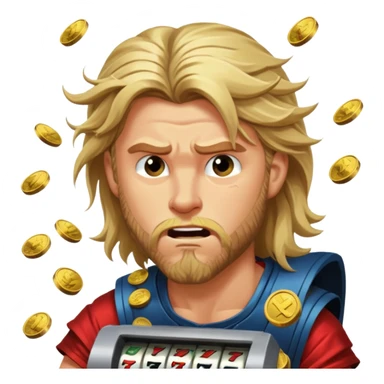 disheveled Thor losing money at a slot machine, panicked face, coins flying sticker