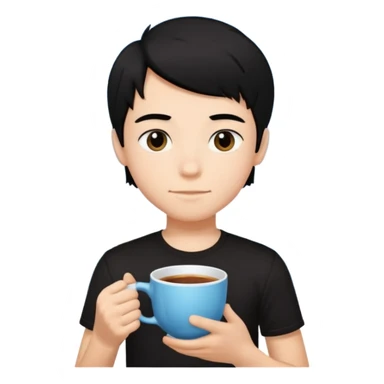 The boy teen have a black hair, and black T-shirt with a cup of tea. Sky blue background  sticker
