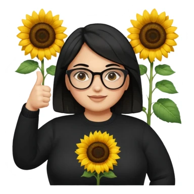 Make my biology teacher shes light brown, wears glasses, female, fat, all black sweater down and sunflower shirt under and make her give 1 thumbs up and she has black hair and chubby sticker