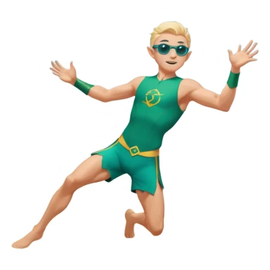 elf male legolas mid-action throw, launching a frisbee woven from pure sunlight, wearing sporty teal swim shorts and performance sunglasses, athletic pose, pointy ears, dynamic motion lines, beach sky backdrop, centered emoji sticker