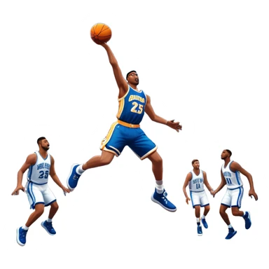 An icon featuring a basketball court with players in action, inspired by NBA 2K25. A player jumps for a dunk, with the ball mid-air. Bright lights illuminate the court, symbolizing the excitement of sports simulation games. Transparent background emphasizes the energy. sticker