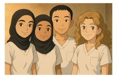 Illustrate four nursing students standing side by side in a warm atmosphere, wearing short-sleeved white uniforms without undershirts or stethoscopes, inspired by the four provided faces, in Ghibli style. sticker