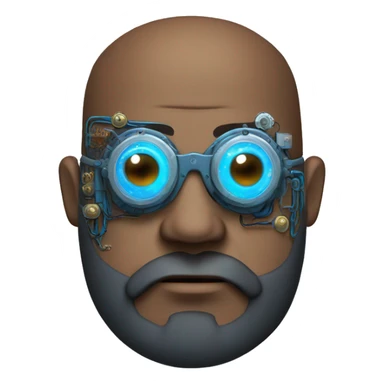 Bearded Fat bald cyborg head with brown skin, blue steampunk goggles and circuits sticker