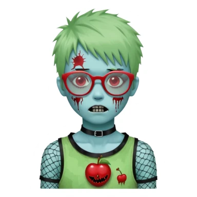 White hair, Ghoulia yelps monster high doll in scene/emo style cherry print dress with fishnet sleeves, clothes, thin, small, red, rectangle glasses, pale white-blue skin, pale-green shaggy short hair , zombie scars , boy, punk choker sticker