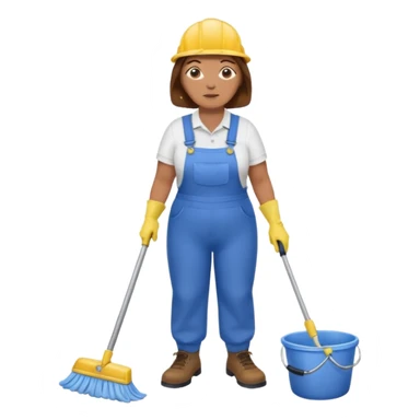 old and fat women, brown hair, Custodian with yellow rubber gloves, white T-shirt, blue overalls, mopping floor sticker