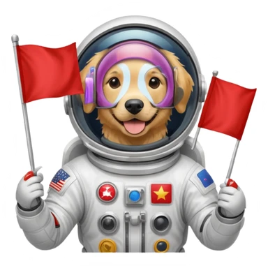 golden retriever in space suit holding red rectangle flag sticker