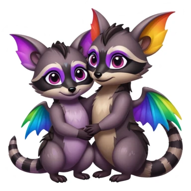 2 black female raccoon dragon hybrids with rainbow colored wings and purple eyes hugging sticker