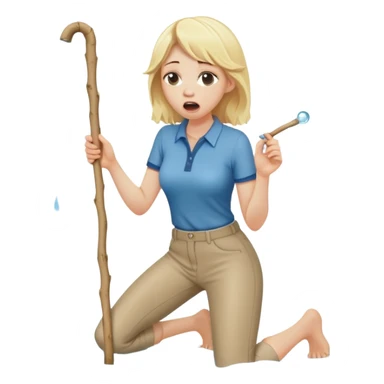 blond woman kneeling, holding a wide skin-colored stick with a D-shaped knob with skin texture, the stick emerging from a pair of hanging trousers, water squirting from the flat side of the knob into her mouth, shocked face sticker
