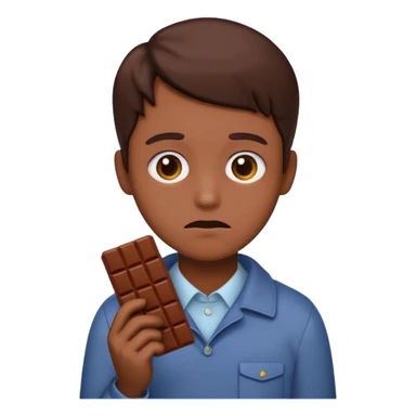 Apple style emoji sad face, person holding chocolate bar, subtle colors sticker
