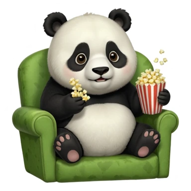 Chubby panda sitting on a earthy green chair that is too small for him, eatting popcorn, watching TV, 4k, dpi 300. Must not be low resolution, must not be poor quailty, must be colorful, must not have any emoji faces, no emoji icons. sticker