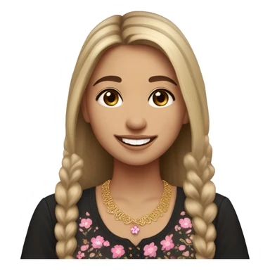 Slavic girl, light skin, brown eyes, black-to-blonde ombre straight tail, smiling with teeth, wearing beautiful dark blouse with a folk pattern of small pink flowers and gold necklace. sticker