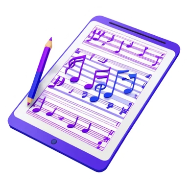 Emoji that represents music track writing. The design should feature a music composition sheet with musical notes and song lyrics, a digital audio workstation (DAW) interface or soundwaves, and a pencil or pen to symbolize the writing process. Add a touch of technology with subtle elements like sound mixing sliders or waveform graphics. Use a blend of vibrant and inspiring colors, such as electric blue or neon purple, to evoke a sense of creativity and innovation. The background should be transparent. sticker