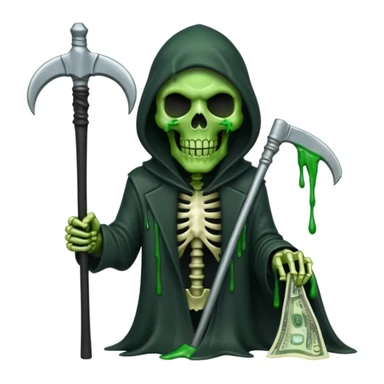 Emoji iPhone de la grande faucheuse, visage effrayant mi-squelette mi-zombie, slime vert, billets de 100$ visibles dans la scène (par exemple dans la capuche ou volant), tient une faux, fond blanc, rien d'autre dans les mains, parfait pour photo de profil sticker