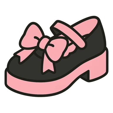 Refine the kawaii BLACKPINK-inspired gothic shoes by adding a large cute bow as the main motif, keeping the scalloped edge detail. Emphasize the black and pink color contrast, playful and stylish, no hearts, transparent background. sticker