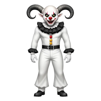 full-body muscular demonic clown in black and white leisure suit with bellbottom pants, bald, black ram horns, flashy black and white belt, ruffled white shirt, no neck tie, large fangs sticker