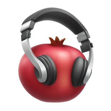 An IOS, Apple designed pomegranate emoji that is wearing headphones, facing to the right slightly. White background. Simple design. sticker