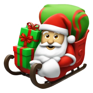 Santa in red sleigh, green sack of gifts, fun and festive sticker