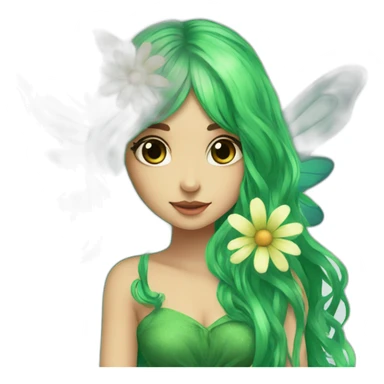 long green hair fae dress with wings sitting on flower sticker