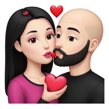 👩🏻‍❤️‍💋‍👨🏻 this one but the man should be bald. white woman with long black hair and white bald young man whoitiut hair and a heart between their heads. she has pink lips and both have brown eyes. he has e full beard but short. both wear black. they kiss slowly sticker